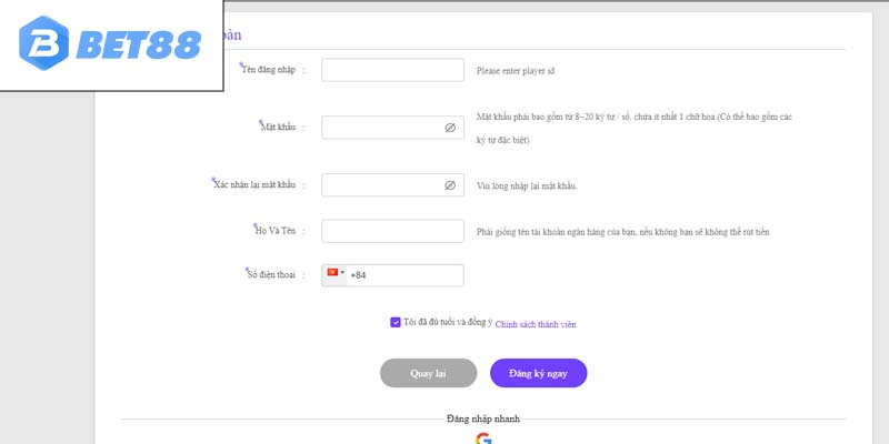 Thao tác đăng ký tài khoản live casino Bet88